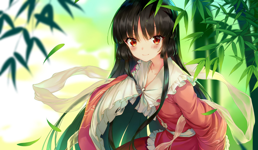 1girl bamboo bangs black_hair blush day highres houraisan_kaguya japanese_clothes long_hair long_sleeves looking_at_viewer outdoors red_eyes shawl skirt smile solo touhou very_long_hair wide_sleeves wu_(4401153)