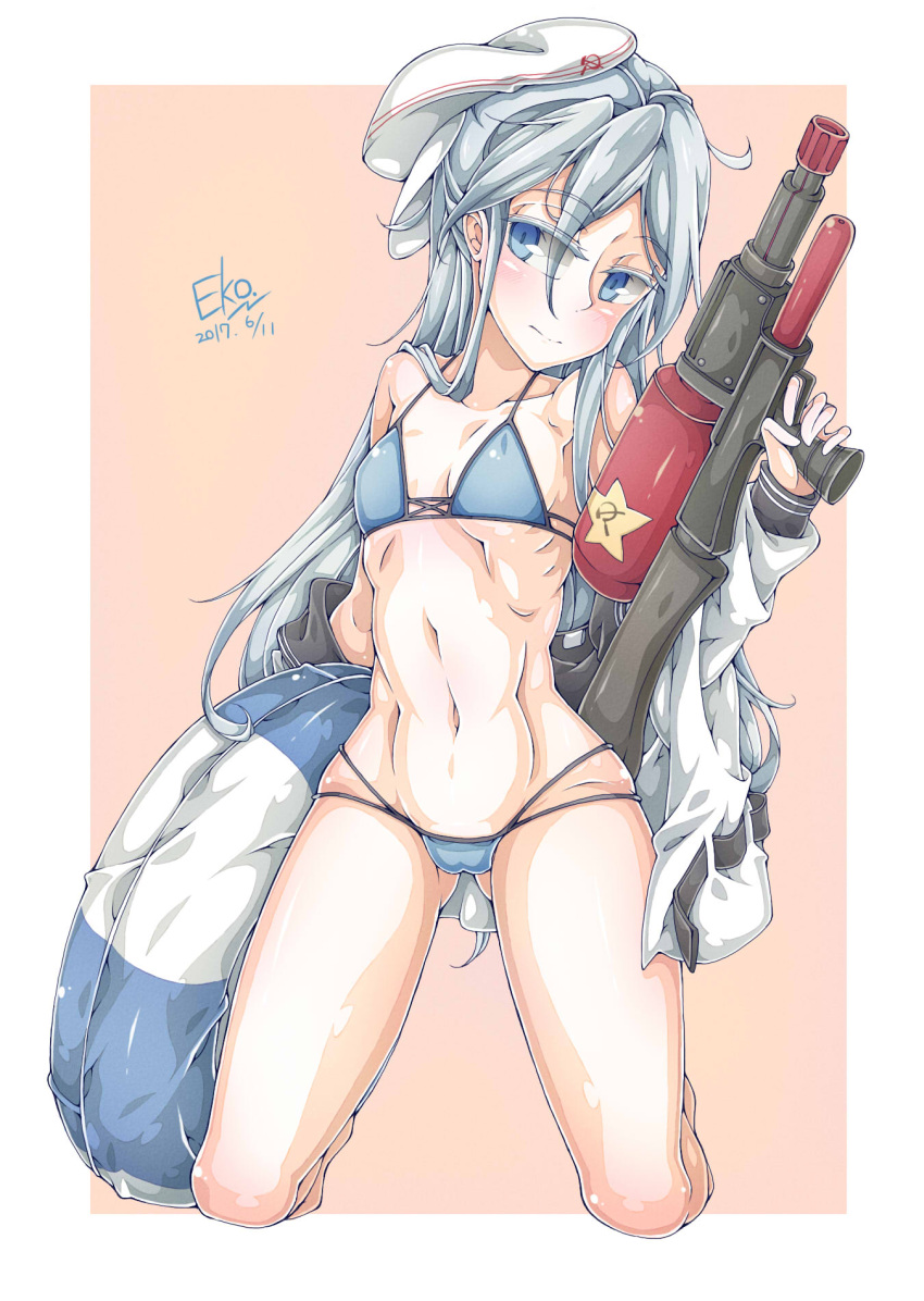 10s 1girl bikini blue_eyes cowboy_shot falco_arrow flat_cap gluteal_fold hammer_and_sickle hat hibiki_(kantai_collection) highres innertube jacket kantai_collection long_hair looking_at_viewer lowleg lowleg_bikini silver_hair solo standing super_soaker swimsuit verniy_(kantai_collection) white_hat white_jacket