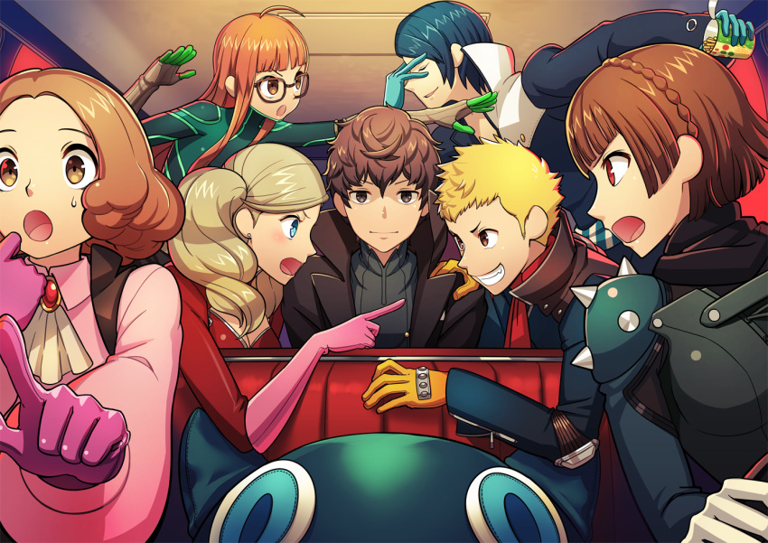 3boys 4girls car_interior driving kitagawa_yuusuke kurusu_akira megami_tensei morgana_(persona_5) multiple_boys multiple_girls niijima_makoto okumura_haru persona persona_5 sakamoto_ryuuji sakura_futaba shin_megami_tensei stuffed_animal stuffed_toy takamaki_anne torio_(mocd1985)