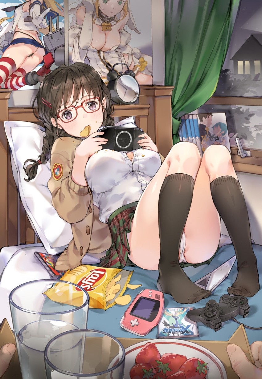 10s 1girl alarm_clock ass bed bed_sheet black_hair black_legwear breasts chips cleavage clock cup drinking_glass elbow_gloves eyebrows_visible_through_hair fate/extra fate/extra_ccc fate_(series) feet food food_in_mouth fruit game_boy_advance glasses gloves hair_ornament hairclip handheld_game_console highres kantai_collection kneehighs large_breasts lay's looking_at_viewer natsuki_subaru nintendo_ds no_shoes on_bed original panties pantyshot pillow plaid plaid_skirt playing_games playstation_controller playstation_portable pokemon pokemon_(game) pokemon_xy poster potato_chips pov pov_hands re:zero_kara_hajimeru_isekai_seikatsu rem_(re:zero) rensouhou-chan saber_bride saber_extra shimakaze_(kantai_collection) skirt socks strawberry sweater_vest tom_sun underwear uniform violet_eyes white_panties window window_shade