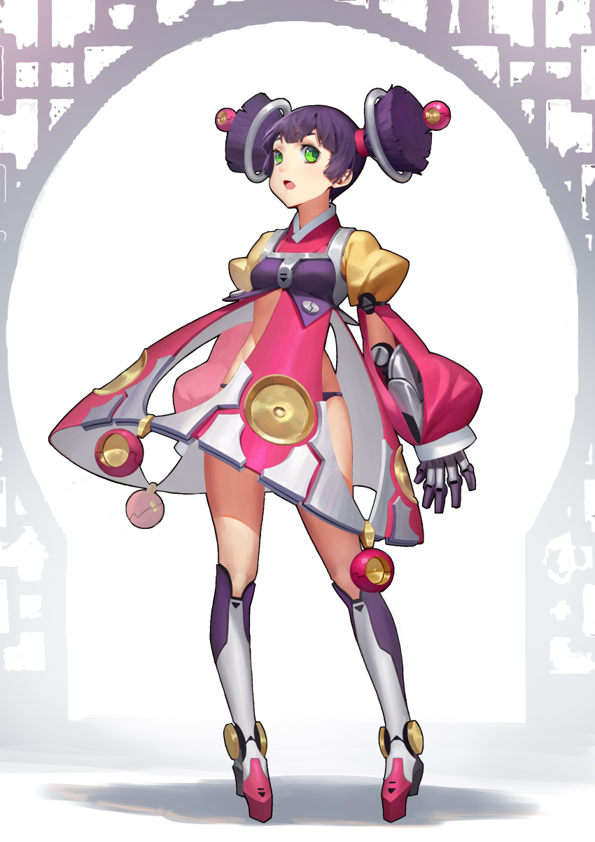 1girl :o absurdres bangs boots chunrijun_(springer) dress full_body green_eyes highres knee_boots legs_apart mechanical_arms open_mouth original pink_dress puffy_short_sleeves puffy_sleeves robot_joints science_fiction short_sleeves solo standing twintails