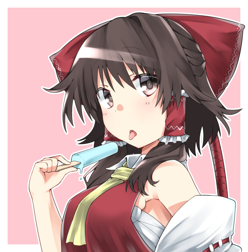 1girl :o bare_shoulders blush bow breasts brown_eyes brown_hair chocolate_hair commentary_request detached_sleeves dripping food hair_bow hair_tubes hakurei_reimu half_updo highres ice_cream kz_oji large_bow looking_at_viewer medium_breasts medium_hair melting neckerchief popsicle sarashi sideboob solo tongue tongue_out touhou