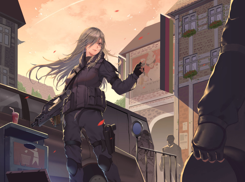 1girl 2boys black_gloves braid cup drinking_straw fingerless_gloves g36c_(girls_frontline) girls_frontline gloves grey_hair gun hair_over_one_eye highres holding holding_gun holding_weapon index_finger_raised itoucon long_hair looking_at_another multiple_boys pointing red_eyes smile weapon