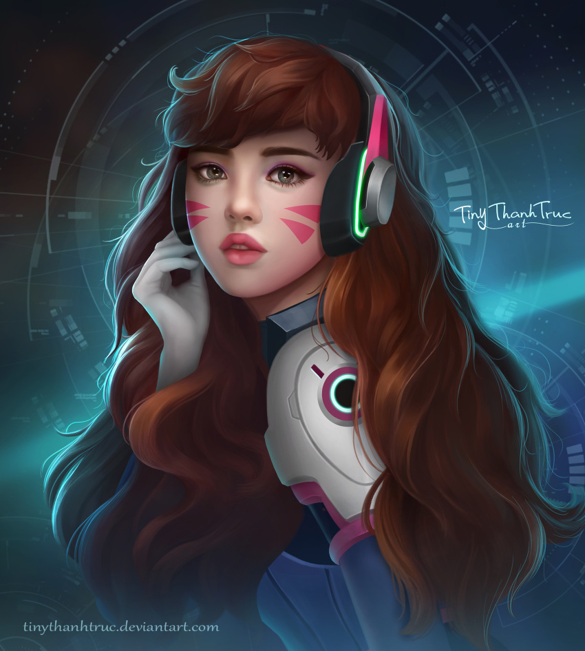 1girl abstract_background aqua_background artist_name backlighting bangs bodysuit brown_eyes brown_hair d.va_(overwatch) eyelashes eyeshadow facepaint facial_mark from_side gloves hair_over_breasts headphones high_collar highres lips long_hair looking_at_viewer looking_to_the_side makeup nose overwatch parted_lips pilot_suit pink_lips portrait ribbed_bodysuit shoulder_pads signature skin_tight solo swept_bangs tiny_thanh_truc watermark wavy_hair web_address whisker_markings white_gloves