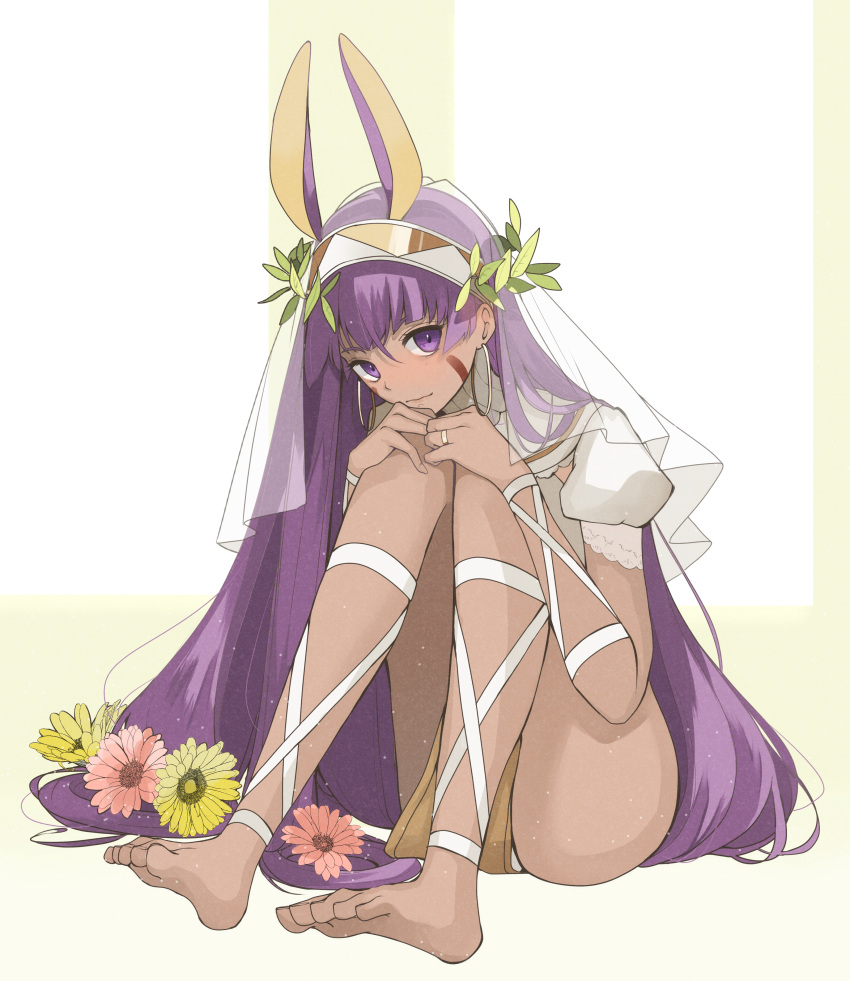 1girl absurdres animal_ears barefoot blush bridal_veil dark_skin earrings facial_mark fate/grand_order fate/stay_night fate_(series) feet flower hairband hand_on_own_knee highres hoop_earrings hrmnas jewelry long_hair nitocris_(fate/grand_order) purple_hair solo veil very_long_hair violet_eyes