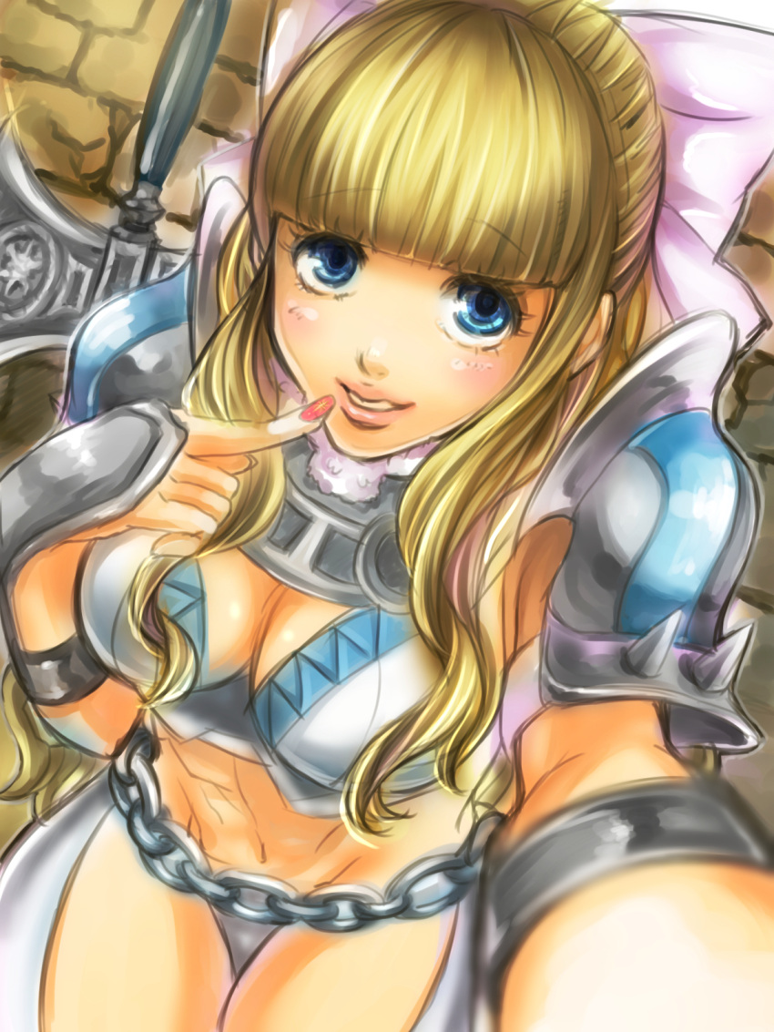 1girl abs axe blonde_hair blue_eyes blurry brick_wall chain_belt chains charlotte_(fire_emblem_if) depth_of_field eyelashes finger_to_mouth fire_emblem fire_emblem_if highres hime_cut lips long_hair looking_at_viewer looking_up midriff nail_polish navel ndurica pauldrons red_nails self_shot sidelocks solo wavy_hair weapon wide-eyed