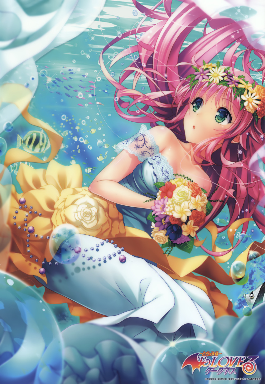 1girl absurdres blue_flower bouquet breasts bubble collarbone copyright_name dress eyebrows_visible_through_hair fish floating_hair flower green_eyes head_wreath highres holding holding_bouquet lala_satalin_deviluke lens_flare long_hair official_art pink_flower pink_hair purple_flower red_flower see-through small_breasts solo to_love-ru underwater very_long_hair wedding_dress white_dress yabuki_kentarou yellow_flower