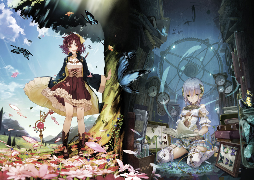 2girls :d atelier_(series) atelier_sophie black_panties book breasts brown_skirt butterfly cleavage_cutout floating_hair frilled_skirt frills full_body garter_straps green_eyes hair_ornament highres holding holding_book holding_staff huge_filesize indoors kneeling looking_at_viewer multiple_girls noco open_book open_mouth outdoors panties petals pink_flower plachta reading red_eyes redhead short_hair short_hair_with_long_locks sidelocks silver_hair skirt small_breasts smile sophie_neuenmuller spoilers staff standing thigh-highs tree underwear white_legwear yuugen