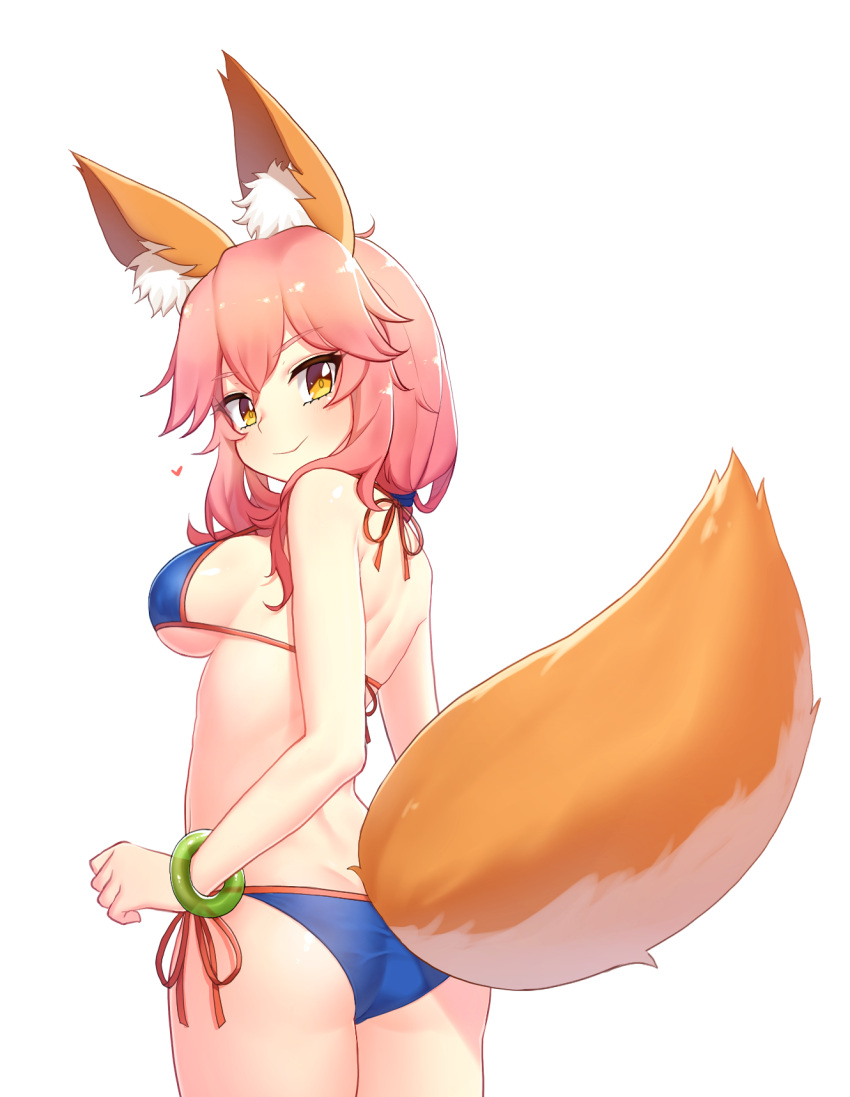 1girl :&gt; animal_ears ass bangle bare_arms bare_shoulders bikini blue_bikini blush bracelet breasts closed_mouth eyebrows_visible_through_hair fate/extra fate_(series) fox_ears fox_tail from_behind heart highres jewelry long_hair looking_back low-tied_long_hair medium_breasts narynn red_ribbon ribbon shiny shiny_hair side-tie_bikini sideboob simple_background smile solo string_bikini swimsuit tail tamamo_(fate)_(all) tamamo_no_mae_(swimsuit_lancer)_(fate) tsurime white_background