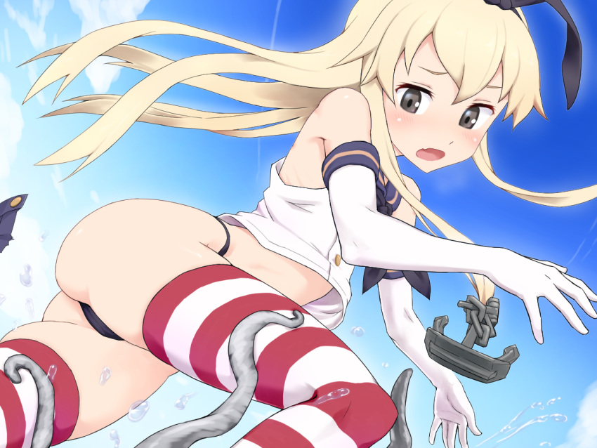 10s 1girl anchor_hair_ornament bare_shoulders black_panties blonde_hair crop_top elbow_gloves enemy_naval_mine_(kantai_collection) fang gloves grey_eyes hair_ornament highleg highleg_panties kantai_collection kurokaji long_hair open_mouth panties shimakaze_(kantai_collection) skirt skirt_removed striped striped_legwear tentacle thigh-highs thong underwear white_gloves
