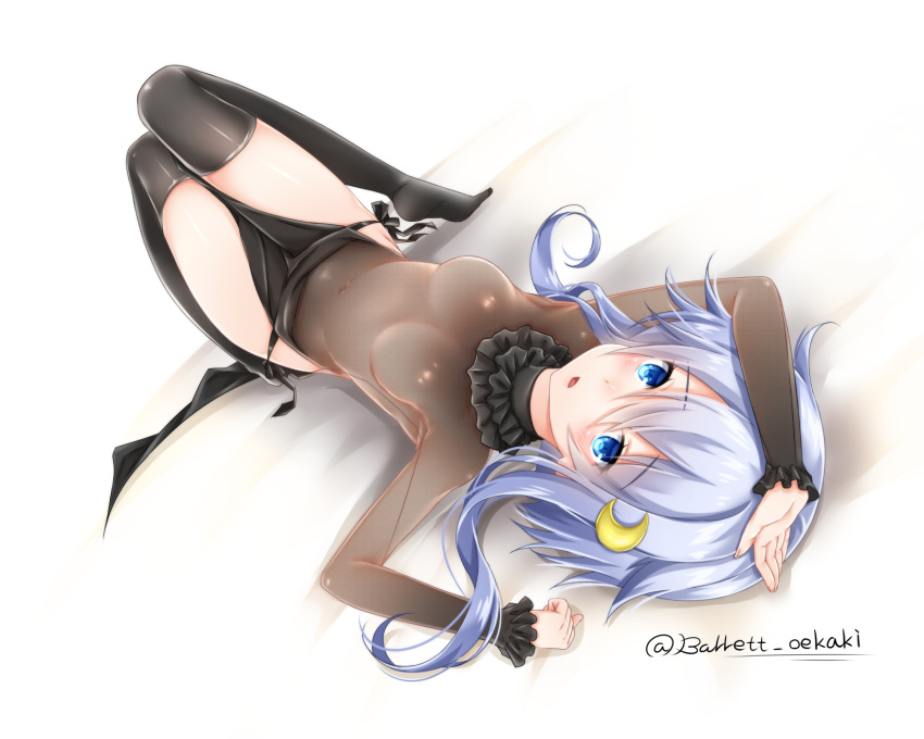 10s 1girl baretto_(firearms_1) black_legwear blue_eyes blush breasts crescent crescent_hair_ornament hair_between_eyes hair_ornament highres kantai_collection long_hair open_mouth purple_hair short_hair_with_long_locks small_breasts solo thigh-highs twitter_username yayoi_(kantai_collection)