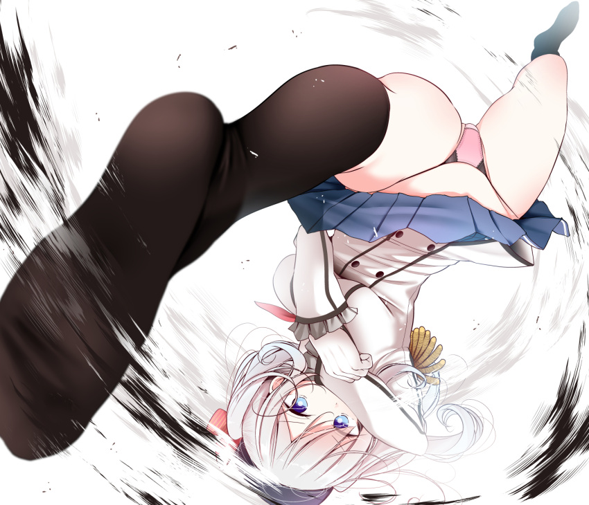 10s beret black_hat black_legwear blue_eyes blush breasts bright_pupils commentary double-breasted epaulettes feet foreshortening frilled_sleeves frills hair_ribbon hat highres kantai_collection kashima_(kantai_collection) kneehighs large_breasts legs_apart long_hair long_sleeves looking_at_viewer medium_breasts military military_uniform miniskirt no_shoes oouso_(usotsukiya) panties pantyshot pink_panties pleated_skirt red_ribbon ribbon simple_background skirt socks soles spinning_bird_kick street_fighter tareme thighs underwear uniform upside-down upskirt visible_air white_background white_hair