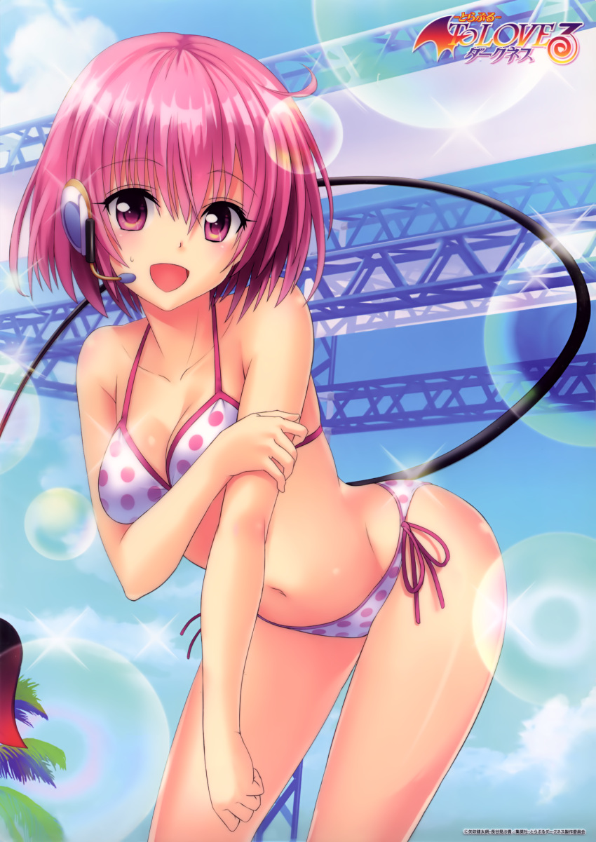 1girl :d absurdres bikini breasts cleavage collarbone copyright_name cowboy_shot day demon_tail eyebrows_visible_through_hair groin hair_between_eyes highres leaning_forward lens_flare medium_breasts microphone momo_velia_deviluke navel official_art open_mouth pink_eyes pink_hair polka_dot polka_dot_bikini short_hair side-tie_bikini smile solo standing sweatdrop swimsuit tail to_love-ru yabuki_kentarou