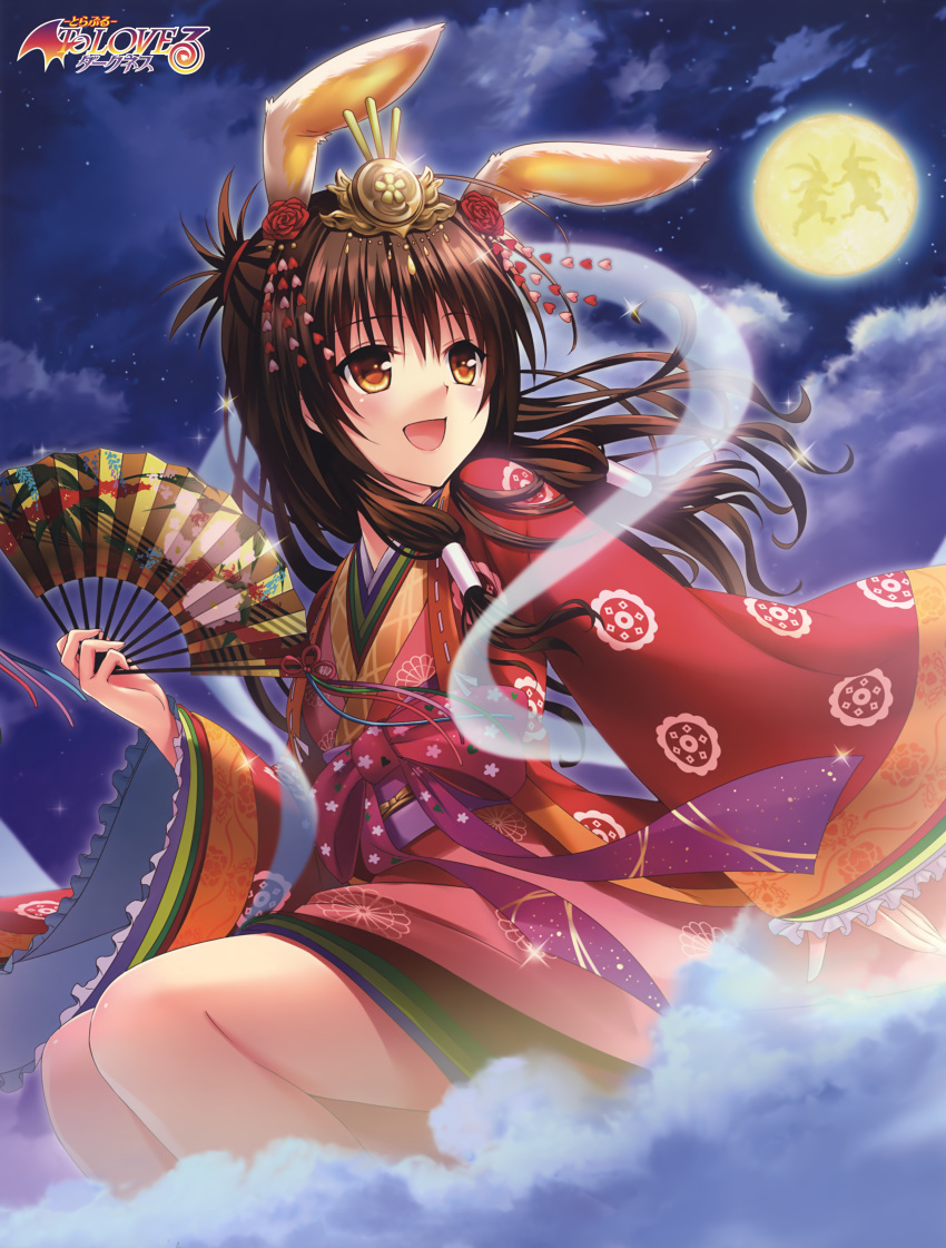 1girl :d absurdres animal_ears brown_eyes brown_hair clouds cloudy_sky copyright_name fan floating_hair flower full_body full_moon hair_flower hair_ornament highres holding holding_fan huge_filesize japanese_clothes kimono long_hair moon night official_art open_mouth rabbit_ears red_flower red_kimono sky smile solo to_love-ru very_long_hair yabuki_kentarou yuuki_mikan