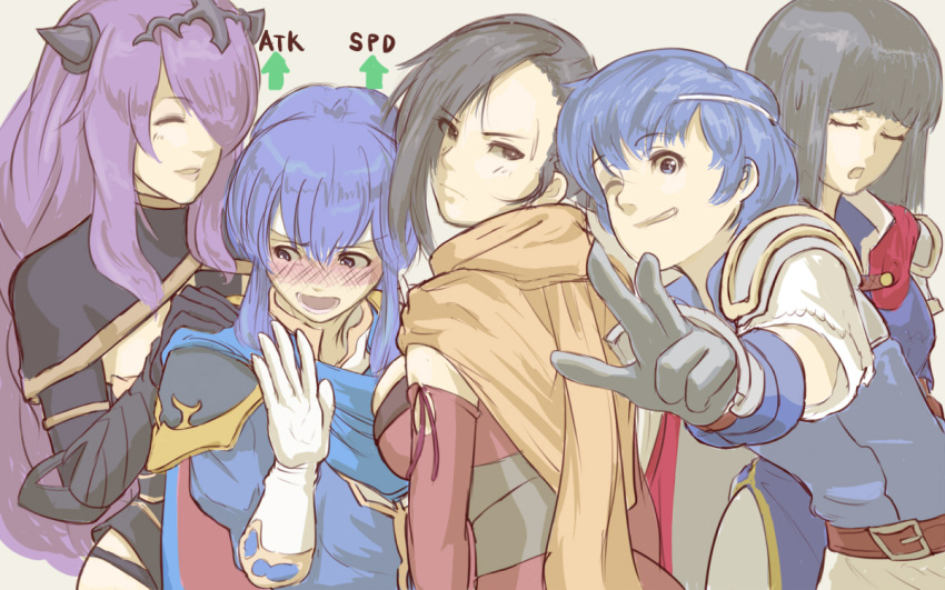 1boy 4girls armor belt black_eyes black_hair blue_eyes blue_hair blush breasts brown_eyes camilla_(fire_emblem_if) cape celice_(fire_emblem) circlet closed_eyes embarrassed fire_emblem fire_emblem:_fuuin_no_tsurugi fire_emblem:_seisen_no_keifu fire_emblem:_thracia_776 fire_emblem_heroes fire_emblem_if foreshortening gameplay_mechanics gauntlets girl_sandwich gloves grey_background grin hair_over_one_eye horn_ornament hug hug_from_behind kagerou_(fire_emblem_if) long_hair looking_at_viewer looking_back multiple_girls ninja nonji_(sayglo_halo) olwen_(fire_emblem) one_eye_closed open_mouth purple_hair robe sandwiched scarf short_hair sigh smile sweatdrop thany upper_body vest