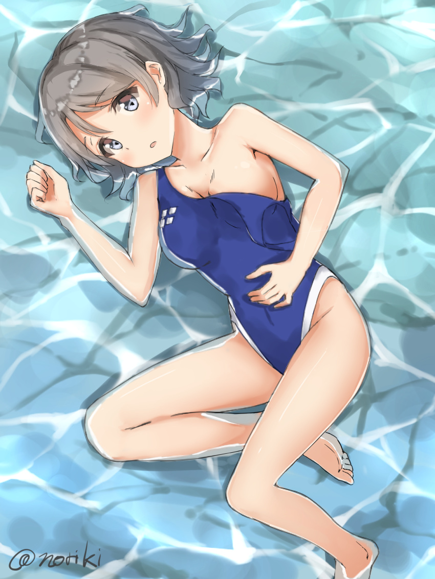 1girl absurdres barefoot blue_eyes blue_swimsuit competition_swimsuit covered_navel grey_hair highleg highleg_swimsuit highres honorikiti looking_at_viewer love_live! love_live!_sunshine!! lying on_side one-piece_swimsuit partially_submerged short_hair swimsuit watanabe_you water