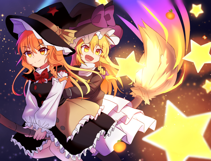 2girls :d absurdres apron azusa_(cookie) bangs black_footwear black_gloves black_headwear black_jacket black_skirt black_vest blonde_hair blush bow bowtie braid broom broom_riding buttons closed_mouth commentary_request cookie_(touhou) fang feet_out_of_frame food frilled_skirt frills fruit gloves hair_between_eyes hair_bow hat hat_bow hat_ornament highres inabahitomi jacket kirisame_marisa long_hair looking_to_the_side mandarin_orange multiple_girls open_mouth orange_eyes orange_hair purple_bow red_bow red_bowtie red_star rei_(cookie) shirt single_braid skirt skirt_set smile star_(symbol) star_hat_ornament touhou turtleneck vest waist_apron white_bow white_shirt witch_hat yellow_eyes
