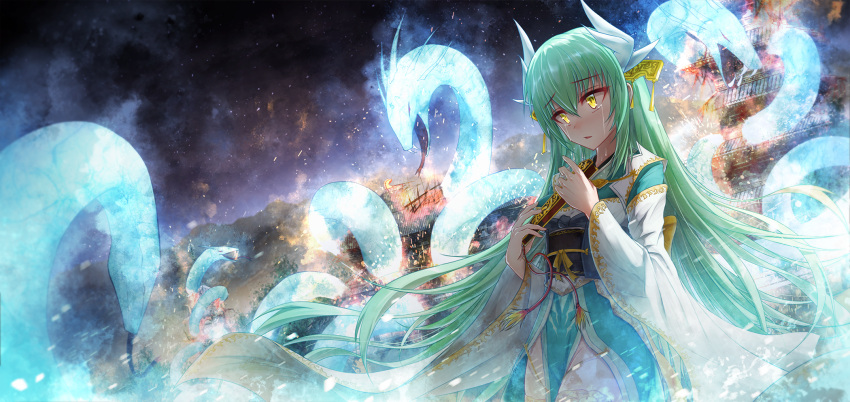 1girl bae.c building crying crying_with_eyes_open destruction eyebrows_visible_through_hair fan fate/grand_order fate_(series) fire green_hair highres horns japanese_clothes kimono kiyohime_(fate/grand_order) long_hair night pelvic_curtain solo standing tears thigh-highs white_legwear yellow_eyes