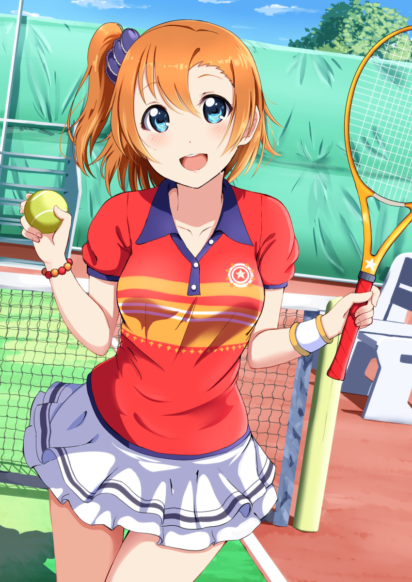 1girl absurdres ball blue_eyes blush bracelet collarbone eyebrows_visible_through_hair highres holding holding_ball jewelry kousaka_honoka looking_at_viewer love_live! love_live!_school_idol_project open_mouth orange_hair racket shiokazunoko short_hair side_ponytail skirt smile solo sportswear teeth tennis tennis_ball tennis_court tennis_net tennis_racket tennis_uniform white_skirt