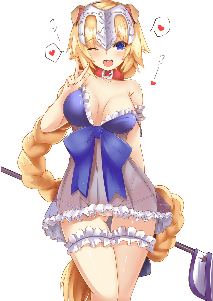 1girl :d absurdres animal_ears blonde_hair blue_eyes blush bow breasts collar dog_collar dog_ears fake_animal_ears fate/grand_order fate_(series) flagpole hairband heart highres large_bow large_breasts leg_garter lingerie long_hair lowleg lowleg_panties negligee off_shoulder one_eye_closed open_mouth panties ruler_(fate/apocrypha) see-through senbon_tsuki smile solo spoken_heart strap_slip translation_request underwear v very_long_hair