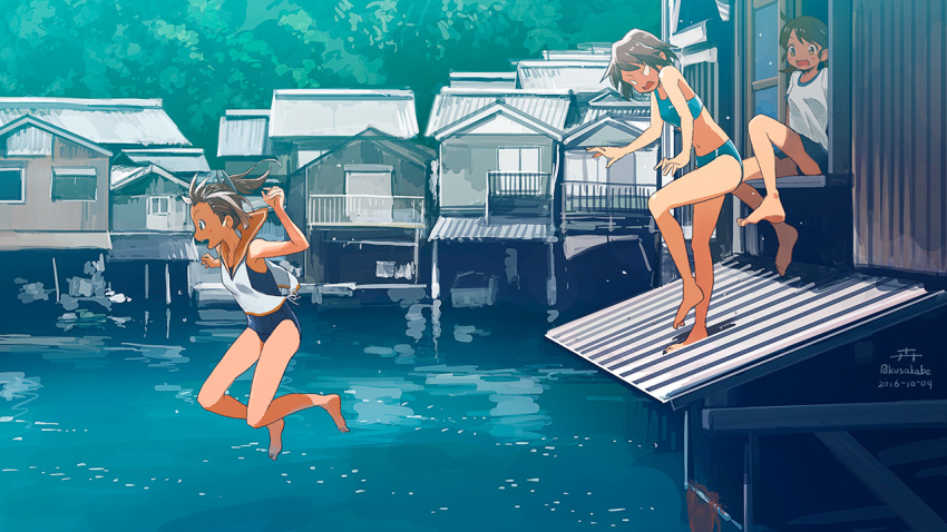 10s 3:&lt; 3girls artist_name barefoot blush brown_hair d: dated day house i-401_(kantai_collection) jumping kantai_collection kusakabe_(kusakabeworks) looking_at_another maya_(kantai_collection) miyuki_(kantai_collection) multiple_girls ocean open_mouth outdoors ponytail scenery school_swimsuit school_uniform serafuku shirayuki_(kantai_collection) shirt short_hair signature sitting sleeveless smile sports_bikini swimsuit swimsuit_under_clothes tan teeth tied_shirt twitter_username