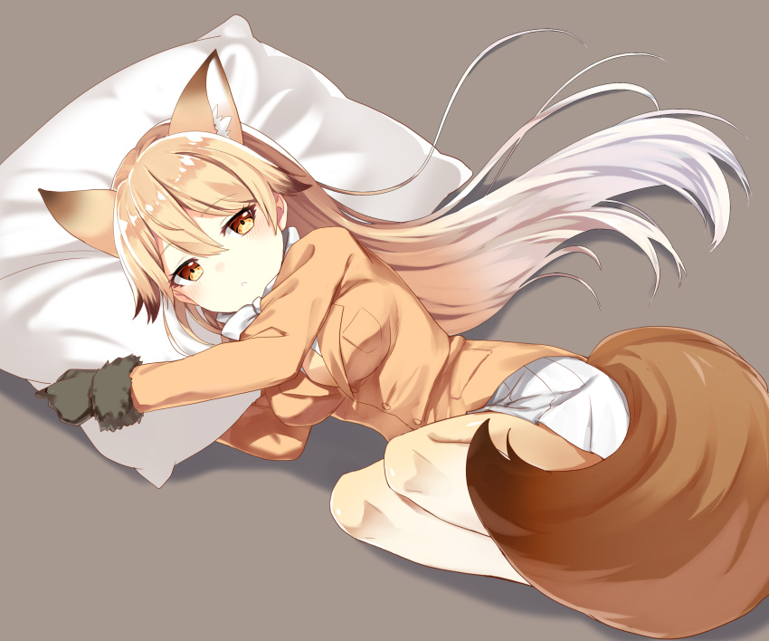 1girl animal_ears black_background black_gloves blazer blonde_hair blush breast_pocket breasts brown_eyes brown_hair eyebrows_visible_through_hair ezo_red_fox_(kemono_friends) fox_ears fox_tail from_above from_side full_body fur_trim gloves hair_between_eyes highres jacket kemono_friends long_hair long_sleeves looking_at_viewer lying medium_breasts multicolored_hair on_side pantyhose parted_lips pillow pleated_skirt pocket sada_(sadahalu) shadow skirt solo streaked_hair tail very_long_hair white_hair white_skirt yellow_legwear