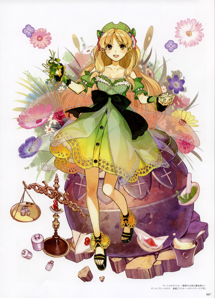 1girl :d absurdres atelier atelier_(series) atelier_ayesha ayesha_altugle black_bow blonde_hair bow breasts brown_eyes cleavage collarbone flower full_body green_skirt hair_flower hair_ornament hidari highres long_hair looking_at_viewer medium_breasts open_mouth see-through simple_background skirt smile solo standing very_long_hair white_background