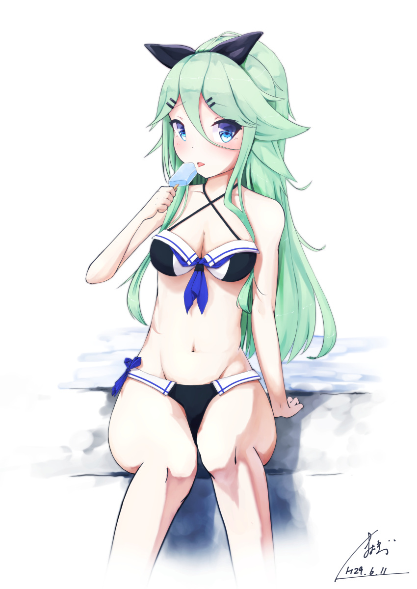 10s 1girl 2017 absurdres adapted_costume bangs bikini black_bikini blue_eyes dated food green_hair hair_between_eyes hair_ornament hair_ribbon hairclip highres kantai_collection long_hair looking_at_viewer mayogii parted_bangs ponytail popsicle ribbon sidelocks signature sitting solo swimsuit yamakaze_(kantai_collection)