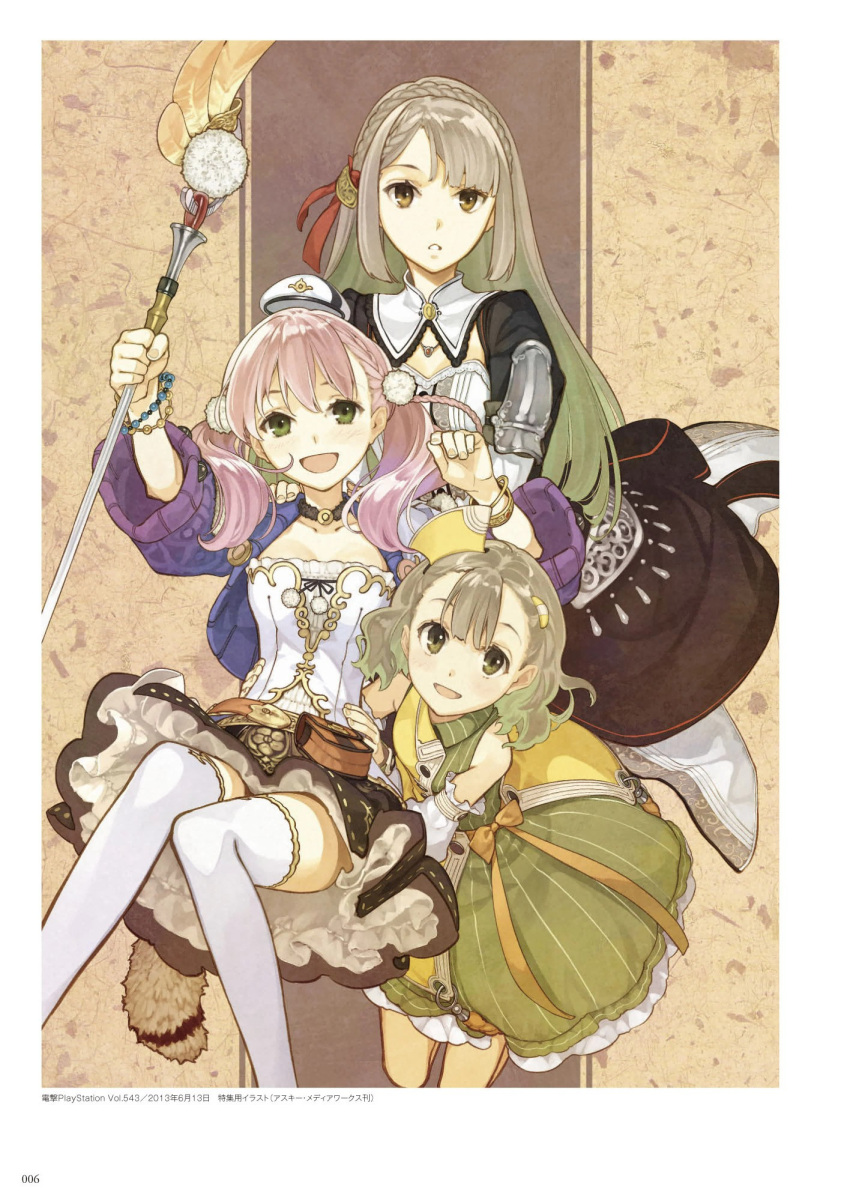 3girls :d atelier_(series) atelier_escha_&amp;_logy black_dress black_skirt bracelet breasts brown_eyes brown_hair cleavage dress escha_malier green_dress green_eyes hair_ribbon hidari highres holding holding_staff jewelry linca long_hair looking_at_viewer lucille_ernella miniskirt multiple_girls open_mouth parted_lips pink_hair red_ribbon ribbon short_hair silver_hair skirt small_breasts smile staff striped tail thigh-highs twintails vertical-striped_dress vertical_stripes very_long_hair white_legwear