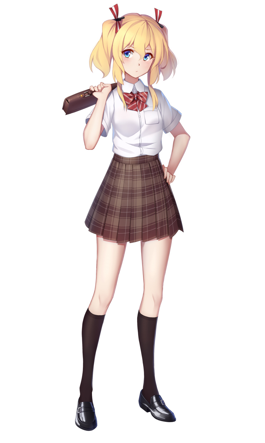 1girl absurdres arnold-s black_legwear black_shoes blonde_hair blue_eyes bow bowtie briefcase brown_skirt checkered checkered_skirt full_body glowworm_(zhan_jian_shao_nyu) hairband hand_on_hip highres holding_bag kneehighs shirt shoes short_sleeves skirt standing thighs twintails white_background white_shirt zhan_jian_shao_nyu