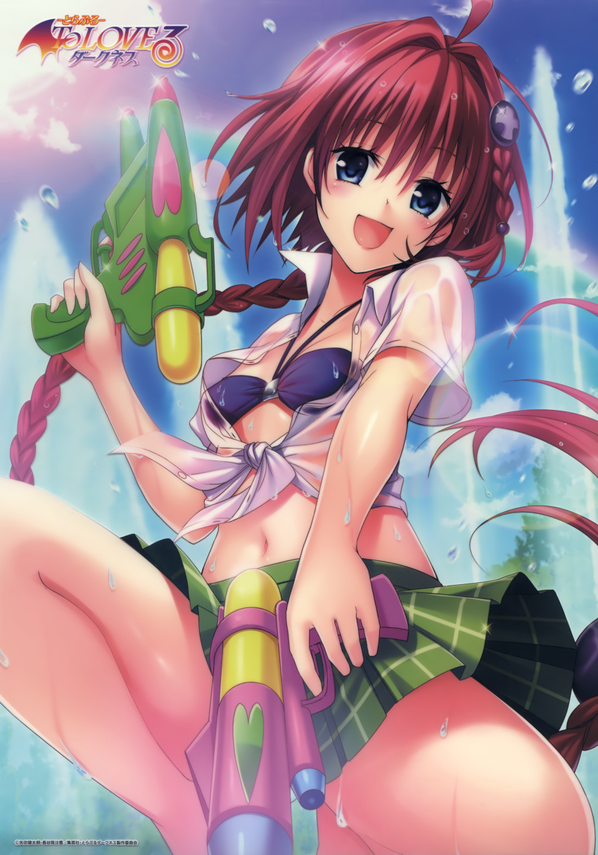 1girl :d absurdres ahoge barefoot black_bikini_top blue_eyes braid breasts cleavage copyright_name day dress_shirt from_below green_skirt gun hair_between_eyes hair_ornament highres holding holding_gun holding_weapon kurosaki_mea long_hair looking_at_viewer midriff miniskirt navel official_art one_knee open_clothes open_mouth open_shirt outdoors pleated_skirt redhead shirt short_sleeves skirt small_breasts smile solo stomach tied_shirt to_love-ru very_long_hair water water_gun weapon wet wet_clothes wet_shirt white_shirt yabuki_kentarou