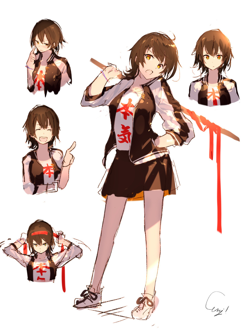 &gt;:o 1girl :o ^_^ artist_name bangs black_skirt blush bracelet brown_eyes brown_hair closed_eyes clothes_writing enj! full_body hand_in_pocket headband highres holding holding_sword holding_weapon index_finger_raised jacket jewelry legs_apart letterman_jacket multiple_views open_mouth original pointing shirt shoes signature simple_background sketch skirt smile sneakers sword weapon white_background white_shirt
