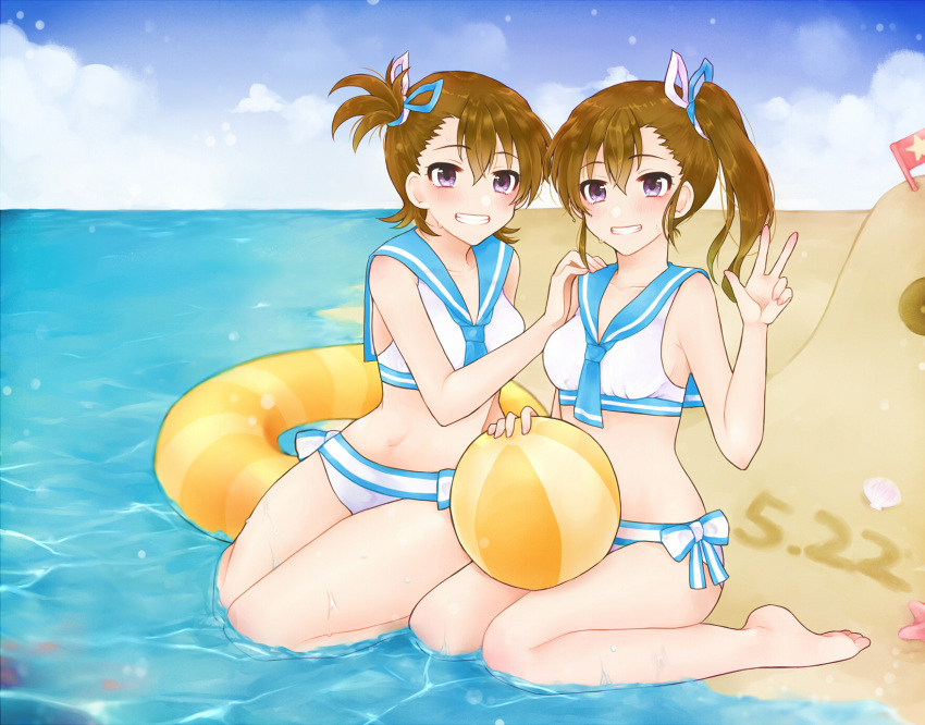 2girls ball beach beachball bikini blush clouds commentary_request dated flag futami_ami futami_mami hair_tie hand_on_another's_shoulder highres idolmaster inflatable_toy looking_at_viewer matching_outfit multiple_girls nakamura_(mugenlism) ocean sailor_swimsuit_(idolmaster) sand_castle sand_sculpture siblings side_ponytail sky smile swimsuit twins v