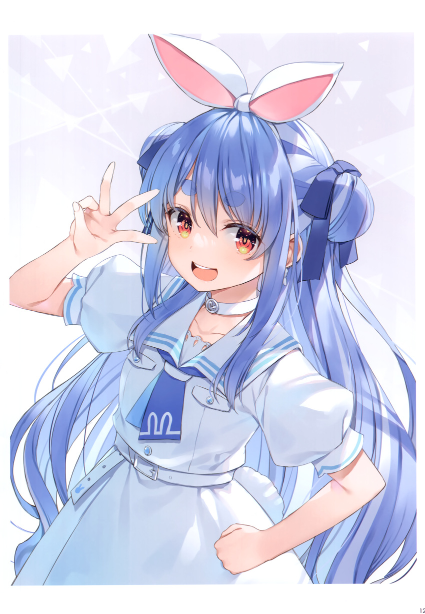1girl absurdres animal_ears bangs belt blue_hair bow breast_pocket collar collarbone double_bun fingernails flat_chest hair_bow hair_bun hand_on_hip hand_up highres hololive long_hair looking_at_viewer multicolored_hair open_mouth orange_hair page_number pocket puffy_sleeves rabbit_ears rabbit_tail scan short_sleeves simple_background smile solo tail teeth two-tone_hair upper_teeth_only usada_pekora virtual_youtuber white_background white_hair yuuki_hagure