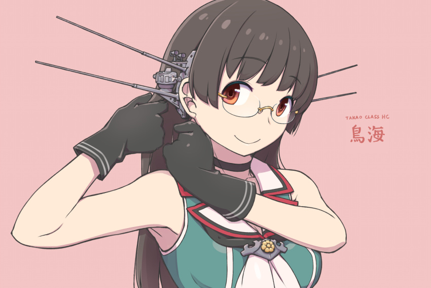 10s 1girl armpits bare_shoulders beret black_gloves black_hair breasts character_name choukai_(kantai_collection) glasses gloves hat headgear kantai_collection long_hair mumyoudou remodel_(kantai_collection) rimless_glasses sleeveless solo twitter_username