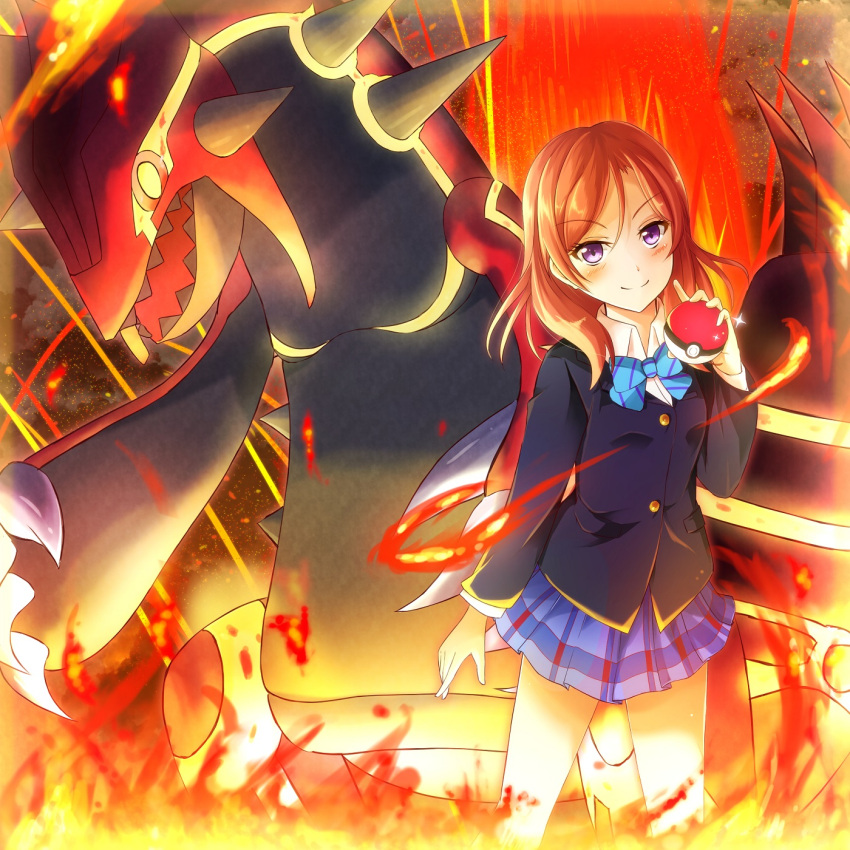 1girl bassa blazer blue_skirt eyebrows_visible_through_hair fire groudon highres holding holding_poke_ball jacket looking_at_viewer love_live! love_live!_school_idol_project nishikino_maki plaid plaid_skirt poke_ball pokemon pokemon_(creature) pokemon_(game) pokemon_oras primal_groudon redhead revision school_uniform short_hair skirt violet_eyes