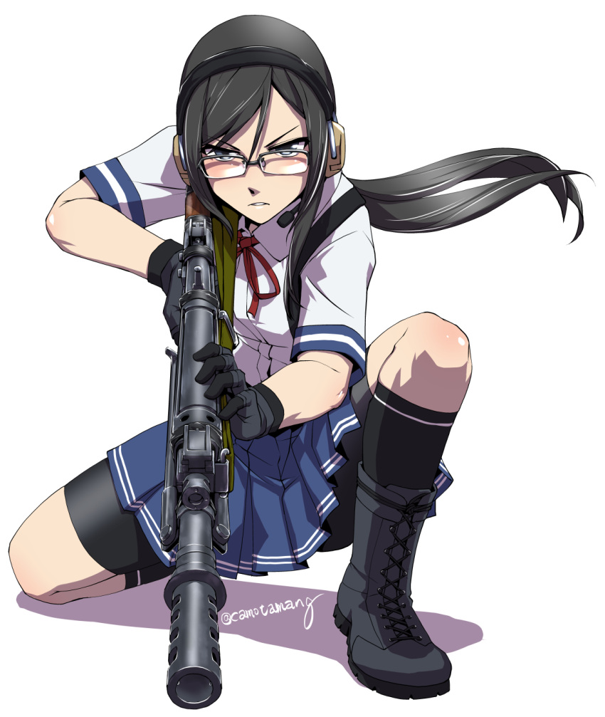 1girl battle_rifle bike_shorts black_hair black_legwear glasses gloves gun headset highres howa_type_64 kamotama long_hair pleated_skirt ribbon rick_g_earth rifle sabae_shizuka school_uniform short_sleeves skirt solo weapon