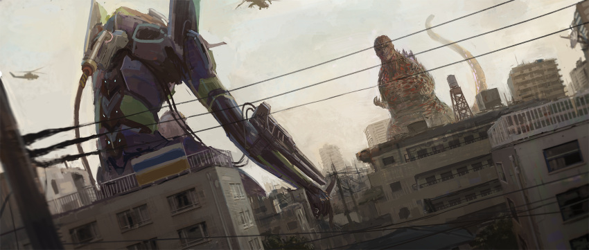 aircraft battle blurry city cityscape clouds cloudy_sky commentary_request creator_connection crossover day depth_of_field dutch_angle eva_01 godzilla godzilla_(series) helicopter highres holding holding_knife knife machinery mecha monster neon_genesis_evangelion no_humans power_lines propeller railing shin_godzilla shion_(mirudakemann) sky standing telephone_pole tree window wire