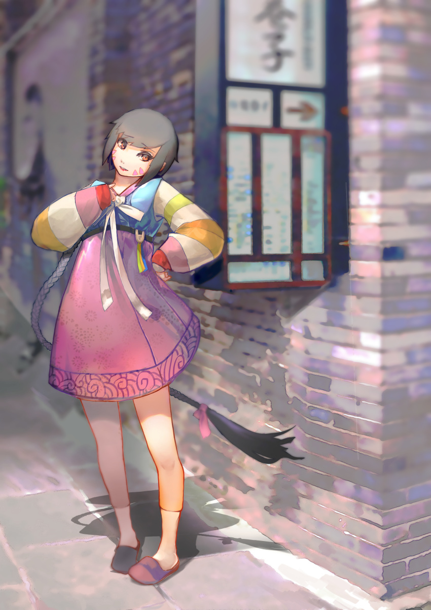 1girl absurdres black_hair brown_eyes d.va_(overwatch) eyebrows_visible_through_hair eyelashes facial_mark full_body hand_on_hip hand_on_own_chest head_tilt highres korean_clothes long_hair luviantree outdoors overwatch palanquin_d.va socks solo standing traditional_clothes very_long_hair
