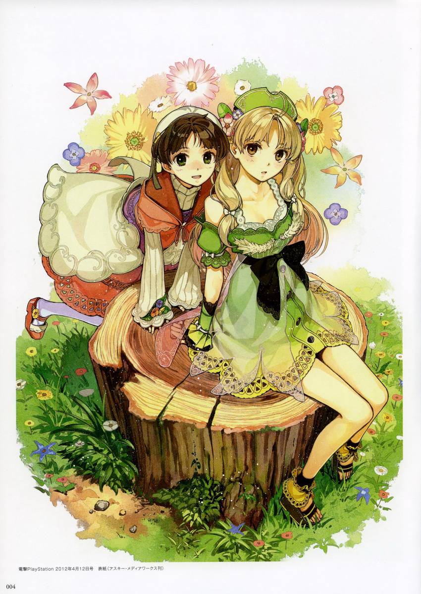 2girls absurdres arm_support arm_usppot atelier atelier_(series) atelier_ayesha ayesha_altugle blonde_hair breasts brown_eyes brown_hair cleavage collarbone day dress grass green_dress green_eyes hidari highres long_hair looking_at_viewer medium_breasts multiple_girls nio_altugle outdoors page_number parted_lips short_hair simple_background sitting sleeveless sleeveless_dress very_long_hair white_background white_legwear