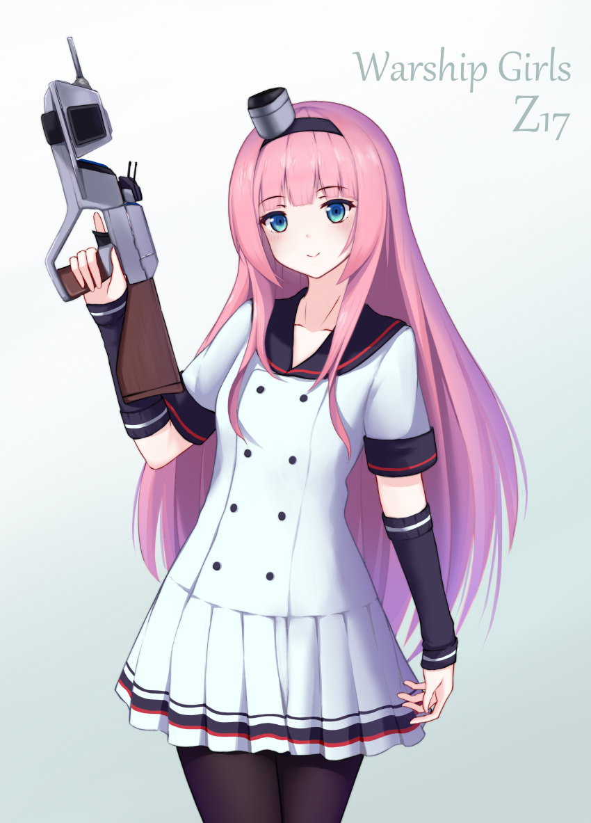 1girl absurdres arm_up arm_warmers black_legwear blue_eyes buttons character_name dress drone_(9614002) eyebrows gradient gradient_background gun hairband highres holding holding_gun holding_weapon index_finger_raised long_hair pantyhose pink_hair pleated_dress sailor_collar short_sleeves smile solo weapon white_dress z17_diether_von_roeder_(zhan_jian_shao_nyu) zhan_jian_shao_nyu