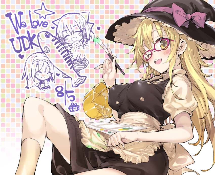 3girls ;d alice_margatroid art_brush bespectacled birthday blonde_hair blush bow braid breasts bucket bucket_of_water cookie_(touhou) english fingernails fish gift glasses hakurei_reimu hat hat_bow heart highres kirisame_marisa large_breasts multiple_girls mutsutake one_eye_closed open_mouth paint paintbrush red-framed_eyewear reu revision round_teeth side_braid sitting smile solo_focus teeth touhou uzuki_(cookie) white_legwear witch_hat yellow_eyes