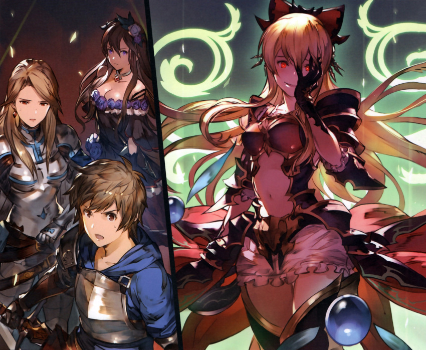 absurdres armor black_boots black_gloves blonde_hair blue_dress blue_eyes blue_flower boots bow breastplate breasts brown_eyes brown_hair catalina_(granblue_fantasy) choker cleavage collarbone dress earrings floating_hair flower frilled_skirt frills gem gloves gran_(granblue_fantasy) granblue_fantasy green_bow hair_between_eyes hair_bow hair_flower hair_ornament highres holding holding_sword holding_weapon jewelry large_breasts long_hair looking_at_viewer medium_breasts midriff minaba_hideo miniskirt navel purple_flower red_eyes rosetta_(granblue_fantasy) sheath skirt spaulders stomach sword thigh-highs thigh_boots unsheathing very_long_hair vira weapon white_flower white_skirt