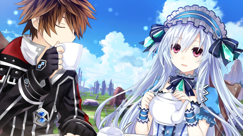 1boy 1girl bow breasts brown_hair closed_eyes cup fairy_fencer_f fang_(fairy_fencer_f) frills game_cg hairband lolita_fashion lolita_hairband long_hair official_art red_eyes ribbon sipping smile tiara_(fairy_fencer_f) tsunako white_hair
