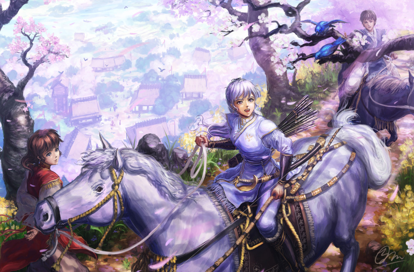 1boy 2girls animal arrow bird blue_eyes brown_hair eyebrows_visible_through_hair fantasy highres holding_bow_(weapon) horse horseback_riding long_hair looking_at_another looking_away makkou_4 multiple_girls open_mouth original ponytail riding scenery short_hair signature sitting smile spring_(season) teeth tree violet_eyes white_hair