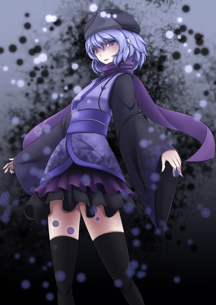 1girl commentary_request dark_persona eyebrows_visible_through_hair highres inyuppo japanese_clothes kimono lavender_eyes lavender_hair letty_whiterock pale_skin parted_lips scarf shaded_face short_kimono skirt snow thigh-highs touhou wide_sleeves