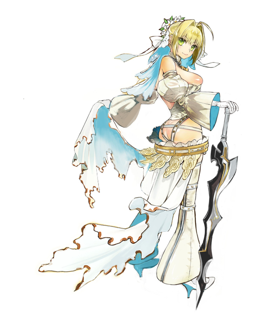 1girl absurdres arai_kei ass bare_shoulders bellbottoms blonde_hair breasts bridal_veil burnt_clothes butt_crack corset fate/extra fate/extra_ccc fate_(series) green_eyes high_heels highres jewelry necklace saber_bride saber_extra skirt solo sword veil weapon
