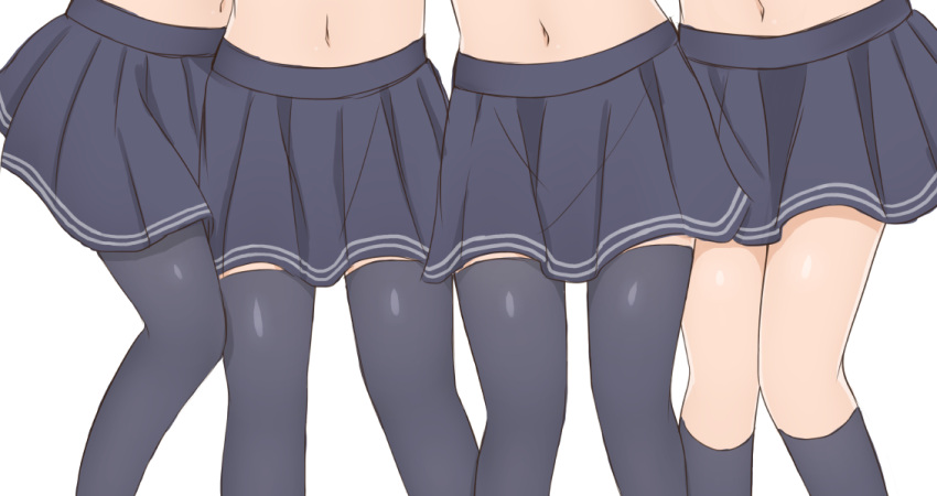 10s 4girls akatsuki_(kantai_collection) black_legwear black_skirt hibiki_(kantai_collection) ikazuchi_(kantai_collection) inazuma_(kantai_collection) kantai_collection kasumisometsuki kneehighs lower_body medium_skirt multiple_girls navel pantyhose pleated_skirt simple_background skirt standing thigh-highs thighs white_background zettai_ryouiki