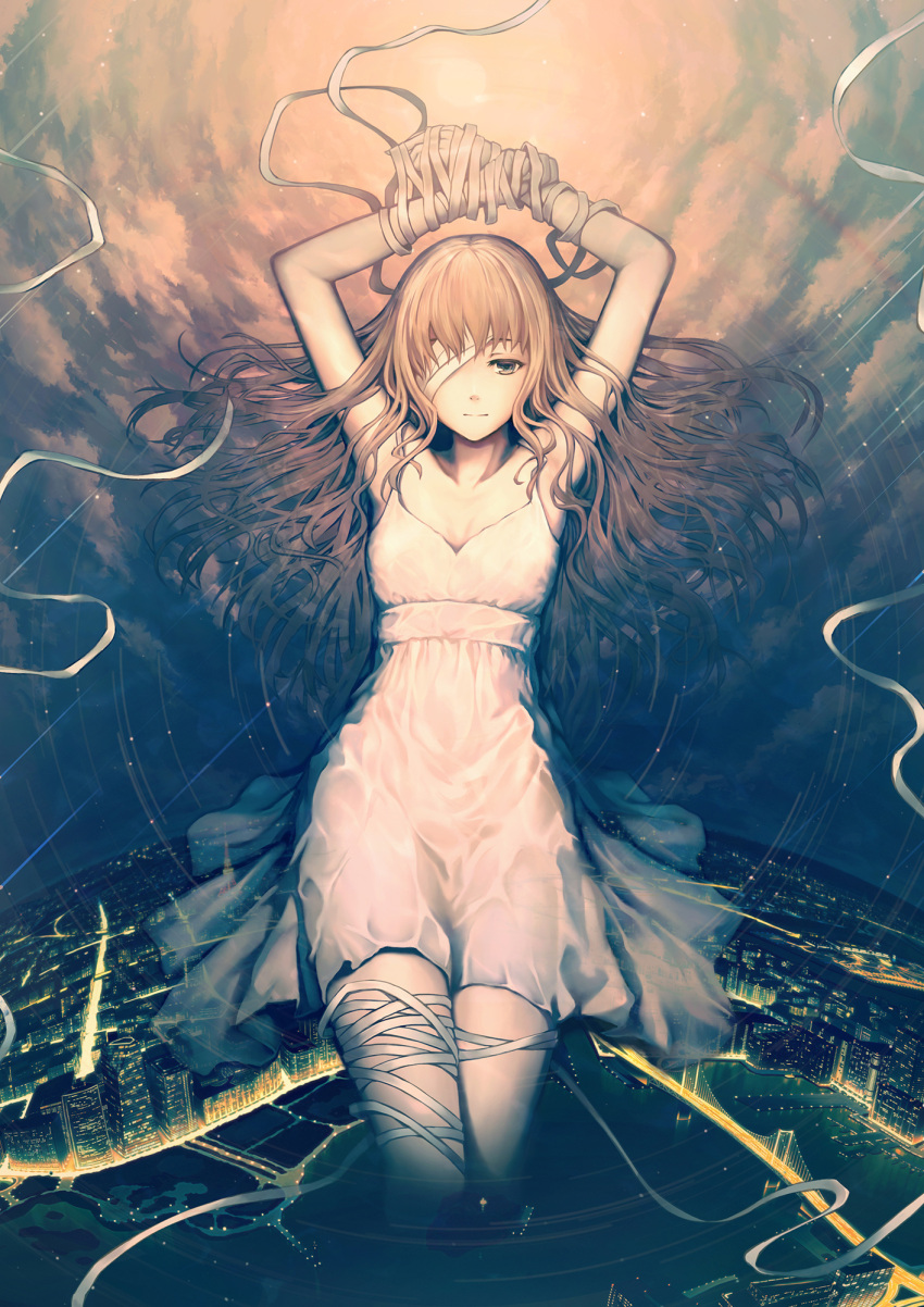 1girl arms_up bandage bandaged_arms bandaged_head brown_eyes brown_hair city city_lights closed_mouth dress expressionless fading highres long_hair looking_at_viewer night night_sky original sky solo white_dress yumemizuki