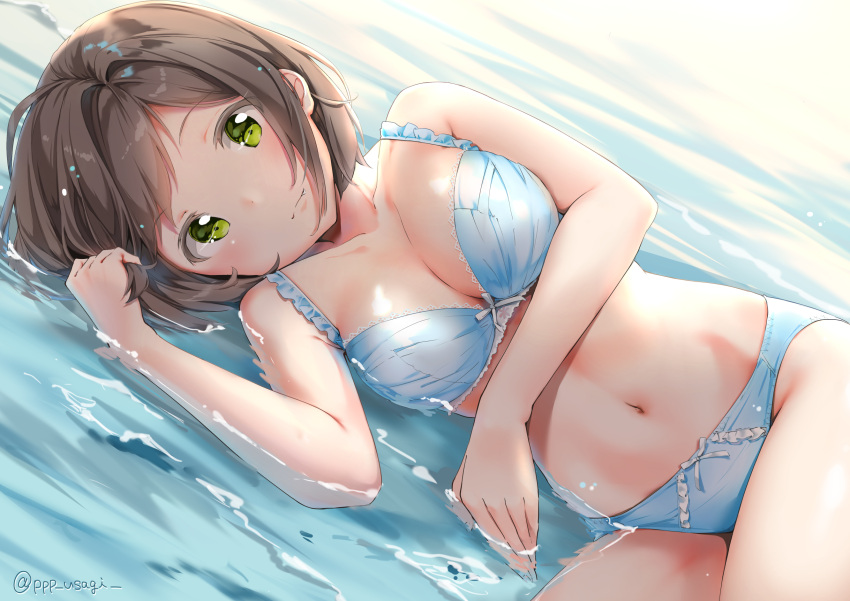 1girl backlighting bangs bare_arms bare_shoulders blue_bra blue_panties blush bra breasts brown_hair cleavage closed_mouth collarbone commentary_request day dutch_angle fang fang_out green_eyes highres idolmaster idolmaster_cinderella_girls lace lace-trimmed_bra lace_trim large_breasts lingerie looking_at_viewer lying maekawa_miku navel on_side panties parted_bangs shiny shiny_hair shiratama_akane short_hair smile stomach sunlight tareme thighs underwear underwear_only water
